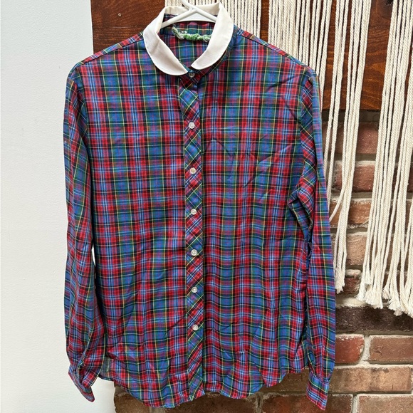 Vintage Tops - Vintage Plaid Button-Down Shirt in Red, Blue & Green with White Collar